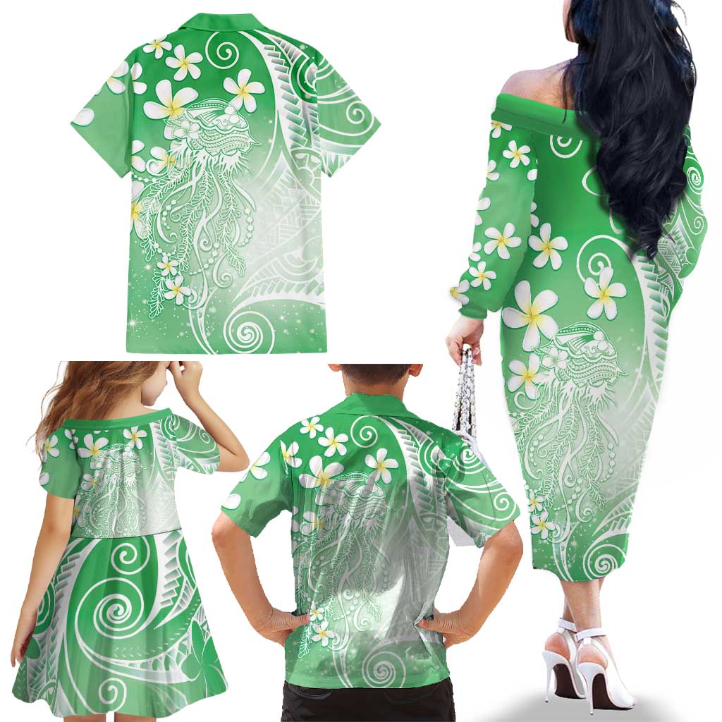 Polynesian Jellyfish Family Matching Off The Shoulder Long Sleeve Dress and Hawaiian Shirt With Plumeria Green LT05 - Polynesian Pride