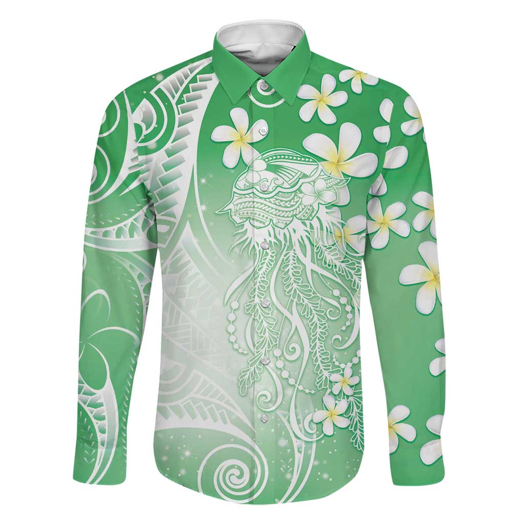 Polynesian Jellyfish Family Matching Off The Shoulder Long Sleeve Dress and Hawaiian Shirt With Plumeria Green LT05 Dad's Shirt - Long Sleeve Green - Polynesian Pride