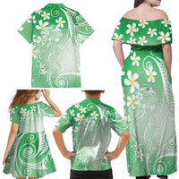 Polynesian Jellyfish Family Matching Off Shoulder Maxi Dress and Hawaiian Shirt With Plumeria Green