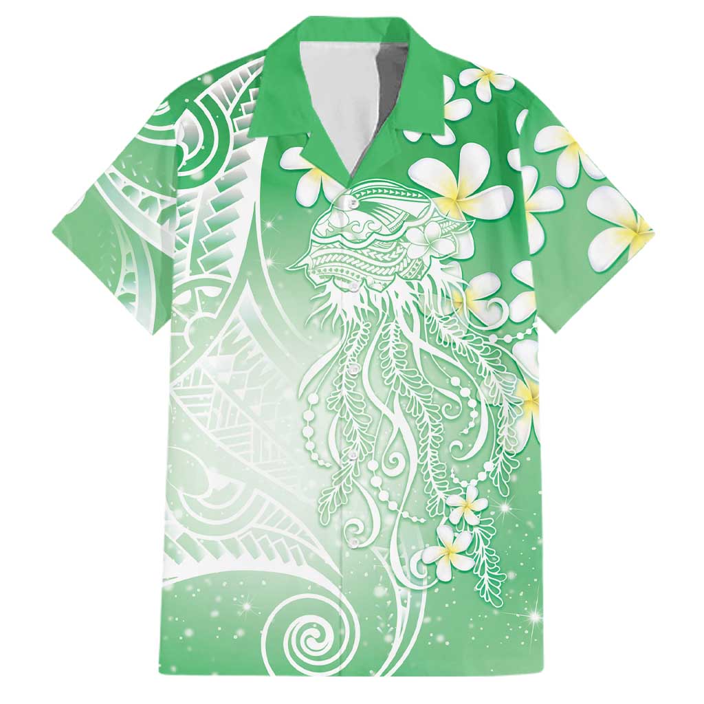Polynesian Jellyfish Family Matching Off Shoulder Maxi Dress and Hawaiian Shirt With Plumeria Green