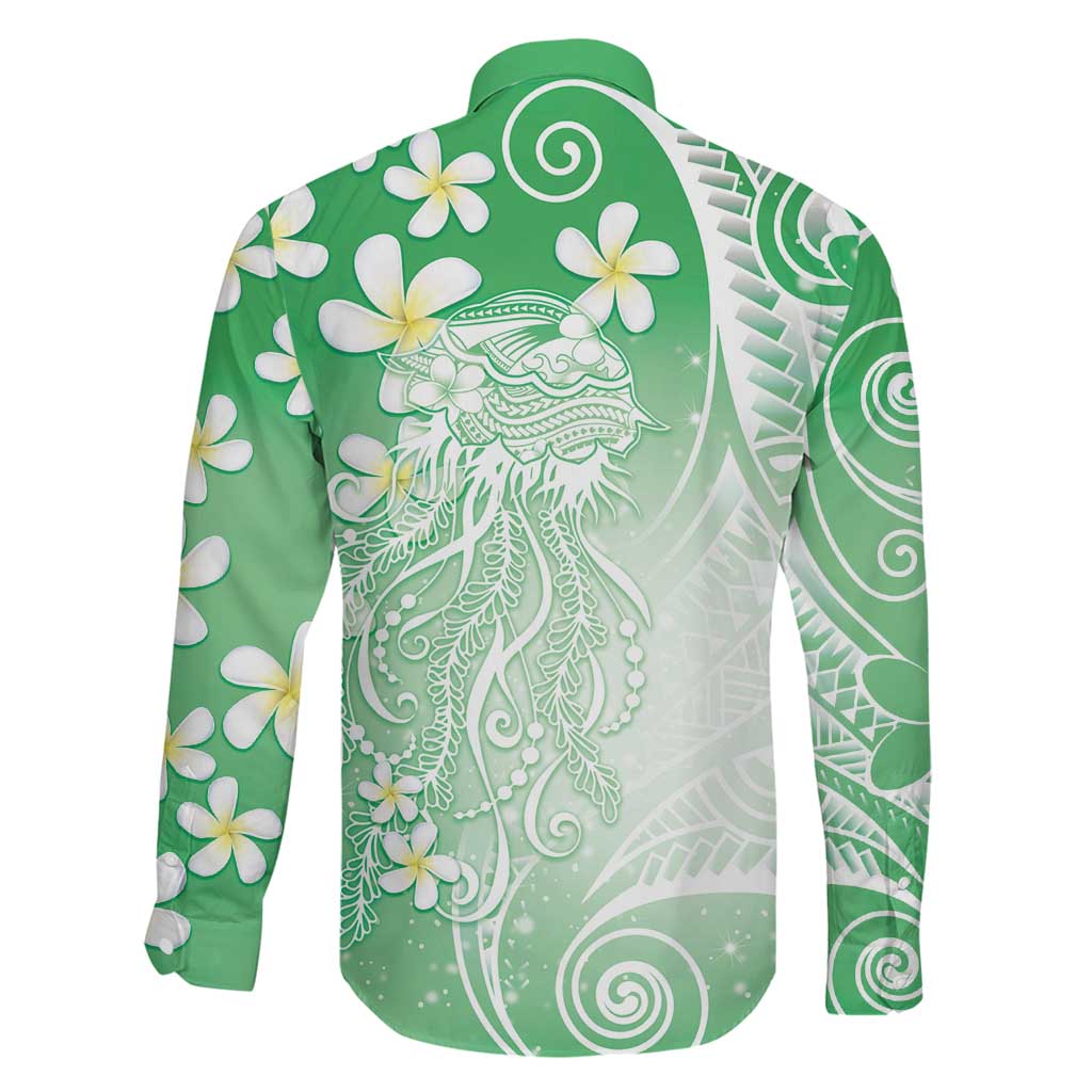 Polynesian Jellyfish Family Matching Off Shoulder Maxi Dress and Hawaiian Shirt With Plumeria Green