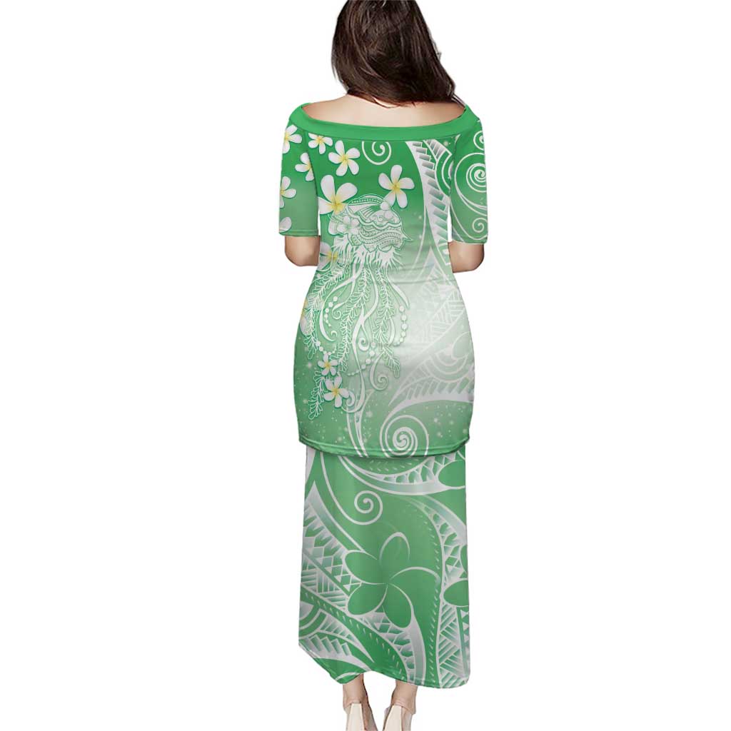 Polynesian Jellyfish Family Matching Puletasi and Hawaiian Shirt With Plumeria Green LT05 - Polynesian Pride