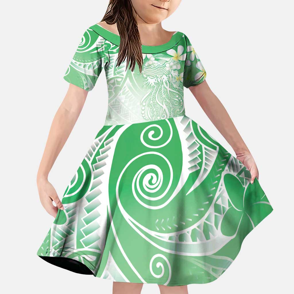 Polynesian Jellyfish Family Matching Short Sleeve Bodycon Dress and Hawaiian Shirt With Plumeria Green LT05 Daughter's Dress Green - Polynesian Pride