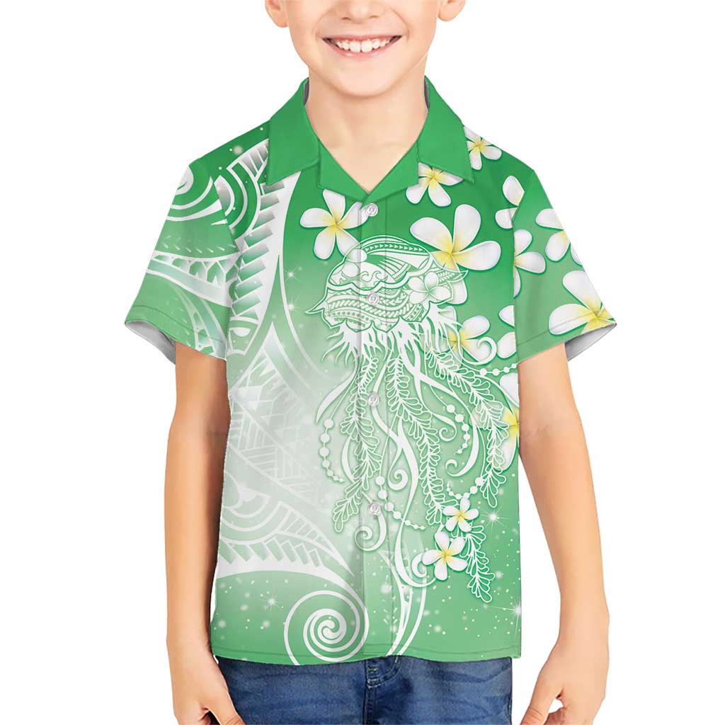 Polynesian Jellyfish Family Matching Short Sleeve Bodycon Dress and Hawaiian Shirt With Plumeria Green LT05 Son's Shirt Green - Polynesian Pride