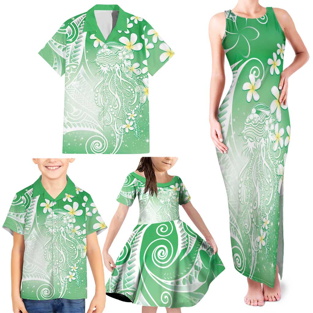 Polynesian Jellyfish Family Matching Tank Maxi Dress and Hawaiian Shirt With Plumeria Green
