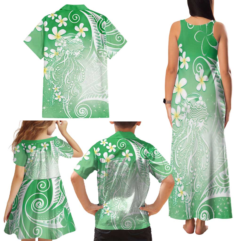 Polynesian Jellyfish Family Matching Tank Maxi Dress and Hawaiian Shirt With Plumeria Green LT05 - Polynesian Pride