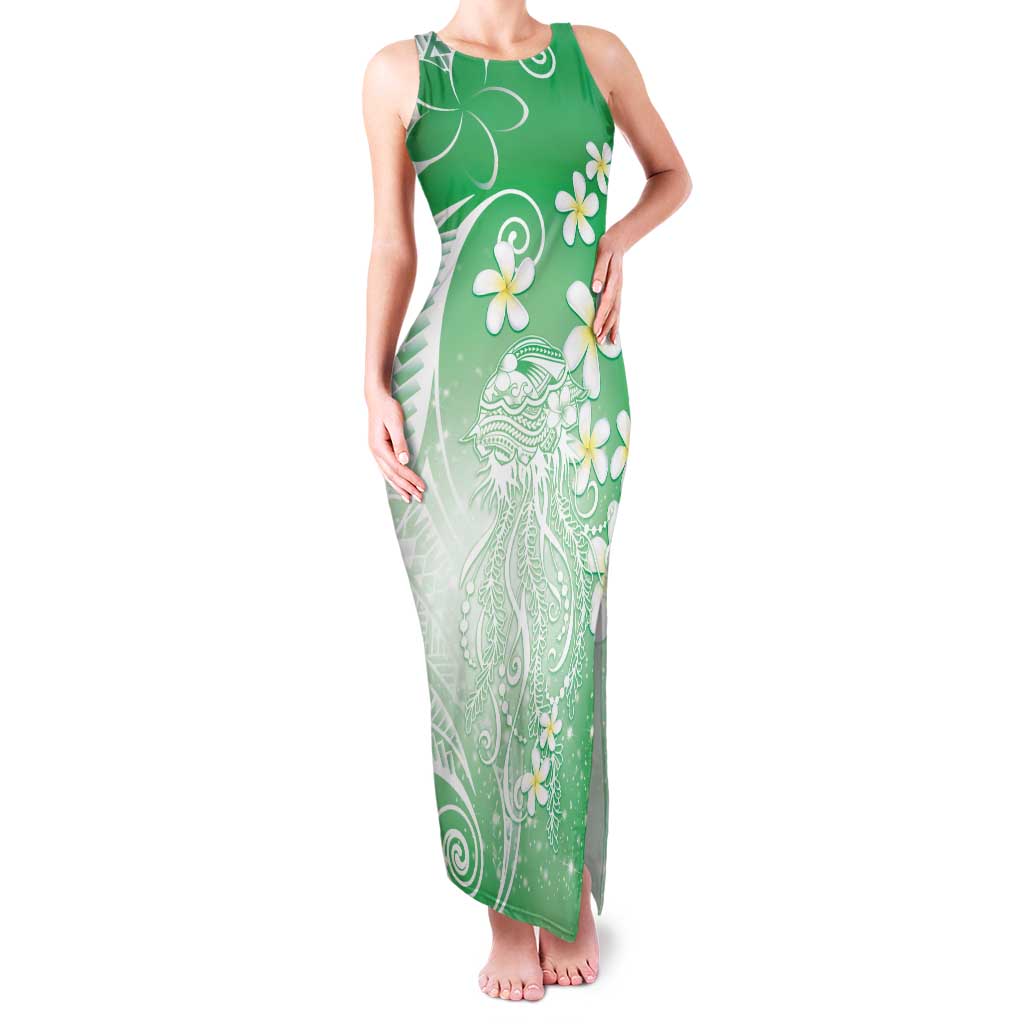 Polynesian Jellyfish Family Matching Tank Maxi Dress and Hawaiian Shirt With Plumeria Green LT05 Mom's Dress Green - Polynesian Pride