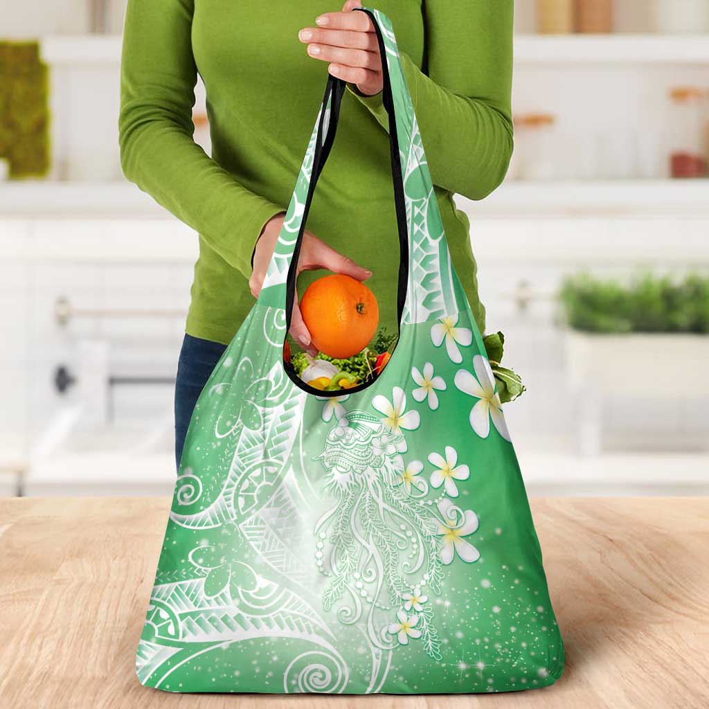 Polynesian Jellyfish Grocery Bag With Plumeria Green