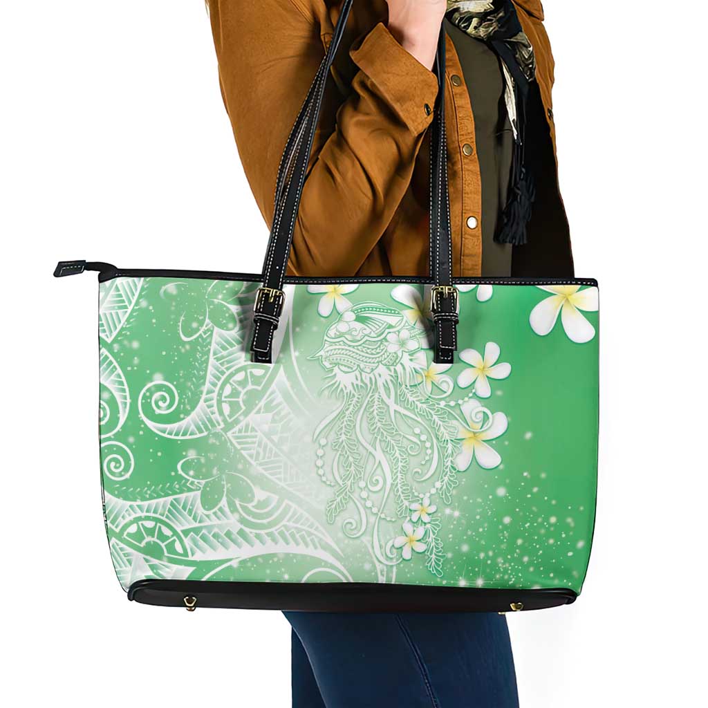 Polynesian Jellyfish Leather Tote Bag With Plumeria Green