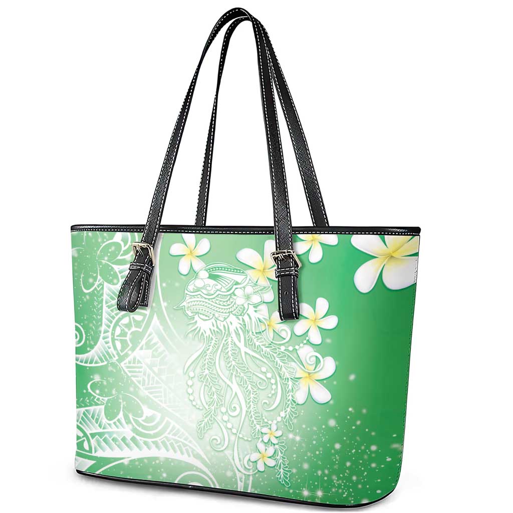 Polynesian Jellyfish Leather Tote Bag With Plumeria Green