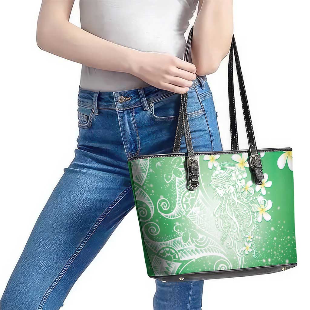Polynesian Jellyfish Leather Tote Bag With Plumeria Green