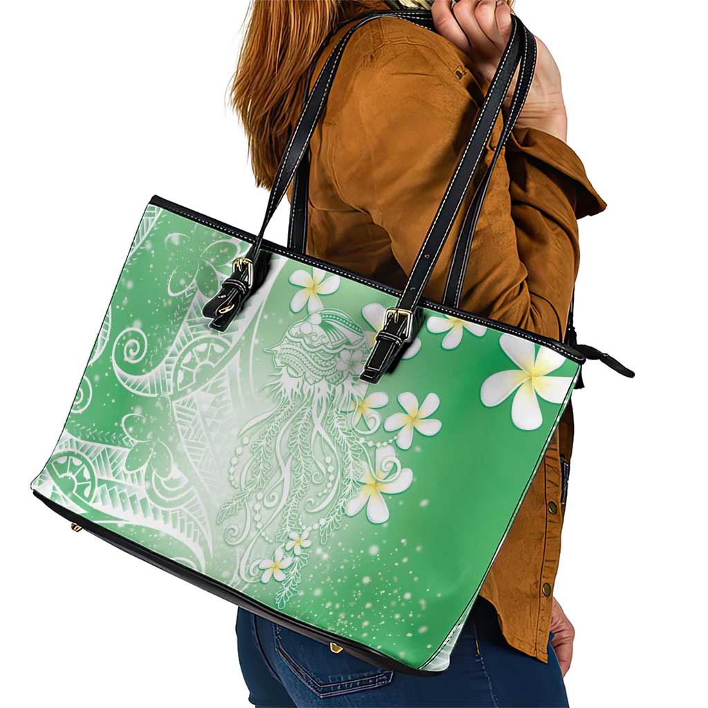 Polynesian Jellyfish Leather Tote Bag With Plumeria Green