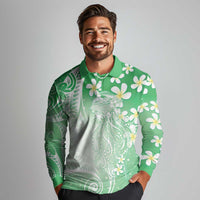 Polynesian Jellyfish Long Sleeve Polo Shirt With Plumeria Green