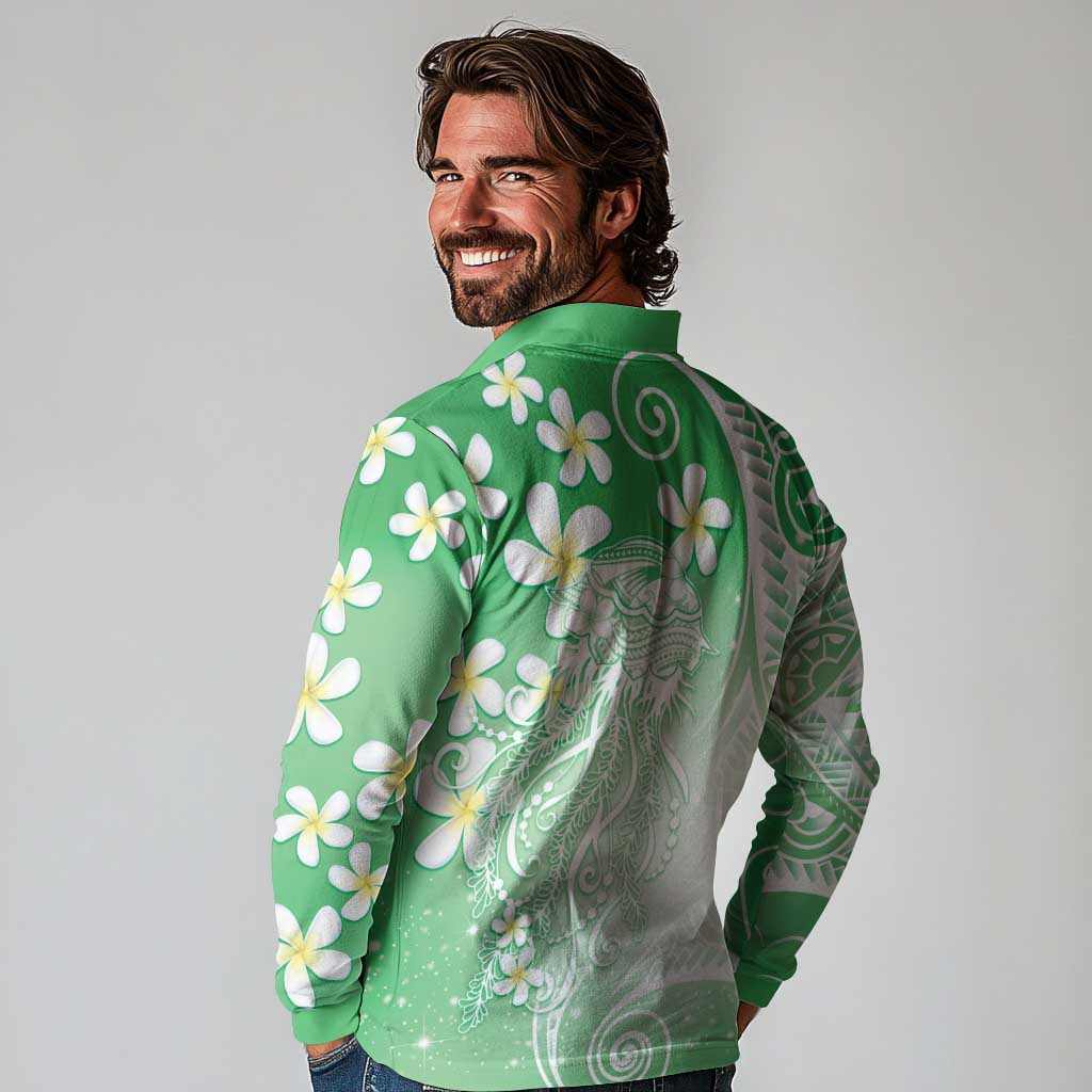 Polynesian Jellyfish Long Sleeve Polo Shirt With Plumeria Green