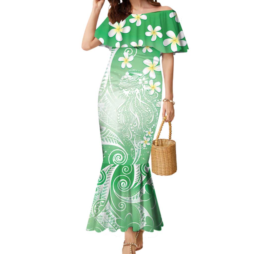 Polynesian Jellyfish Mermaid Dress With Plumeria Green