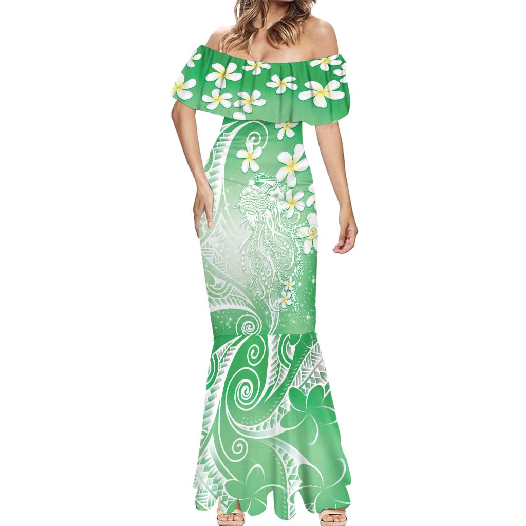 Polynesian Jellyfish Mermaid Dress With Plumeria Green