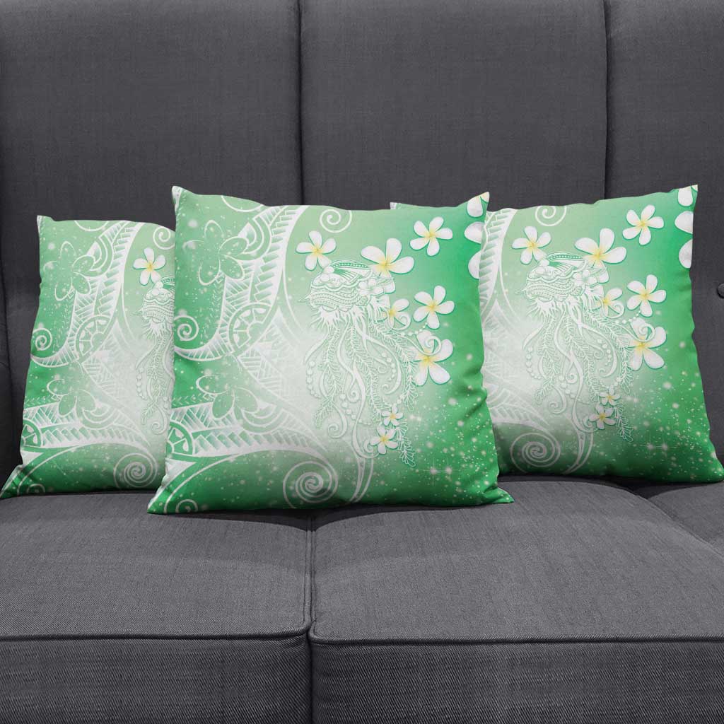 Polynesian Jellyfish Pillow Cover With Plumeria Green