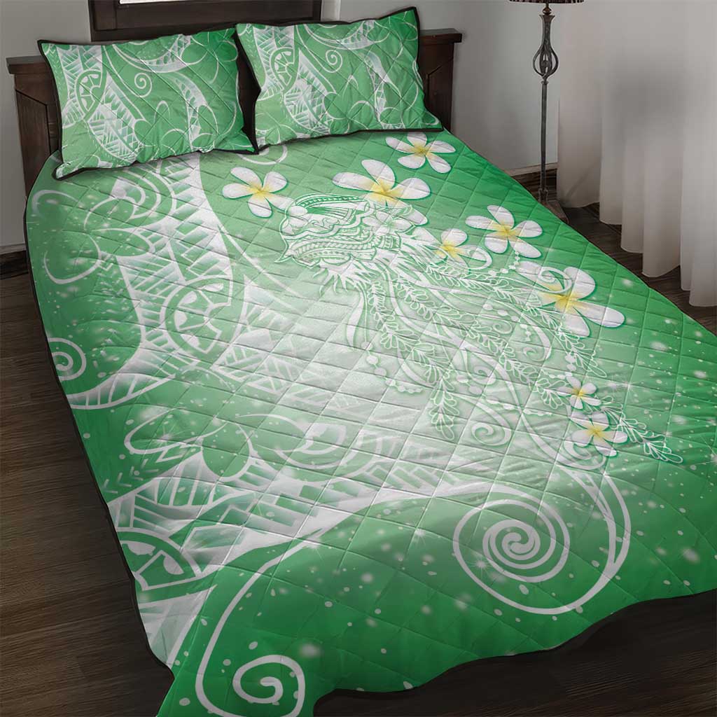 Polynesian Jellyfish Quilt Bed Set With Plumeria Green