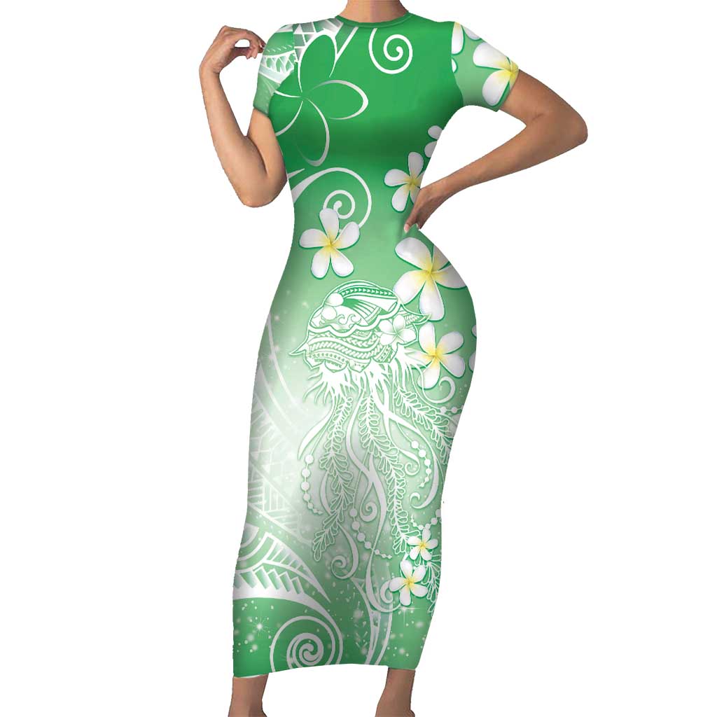 Polynesian Jellyfish Short Sleeve Bodycon Dress With Plumeria Green LT05 Long Dress Green - Polynesian Pride