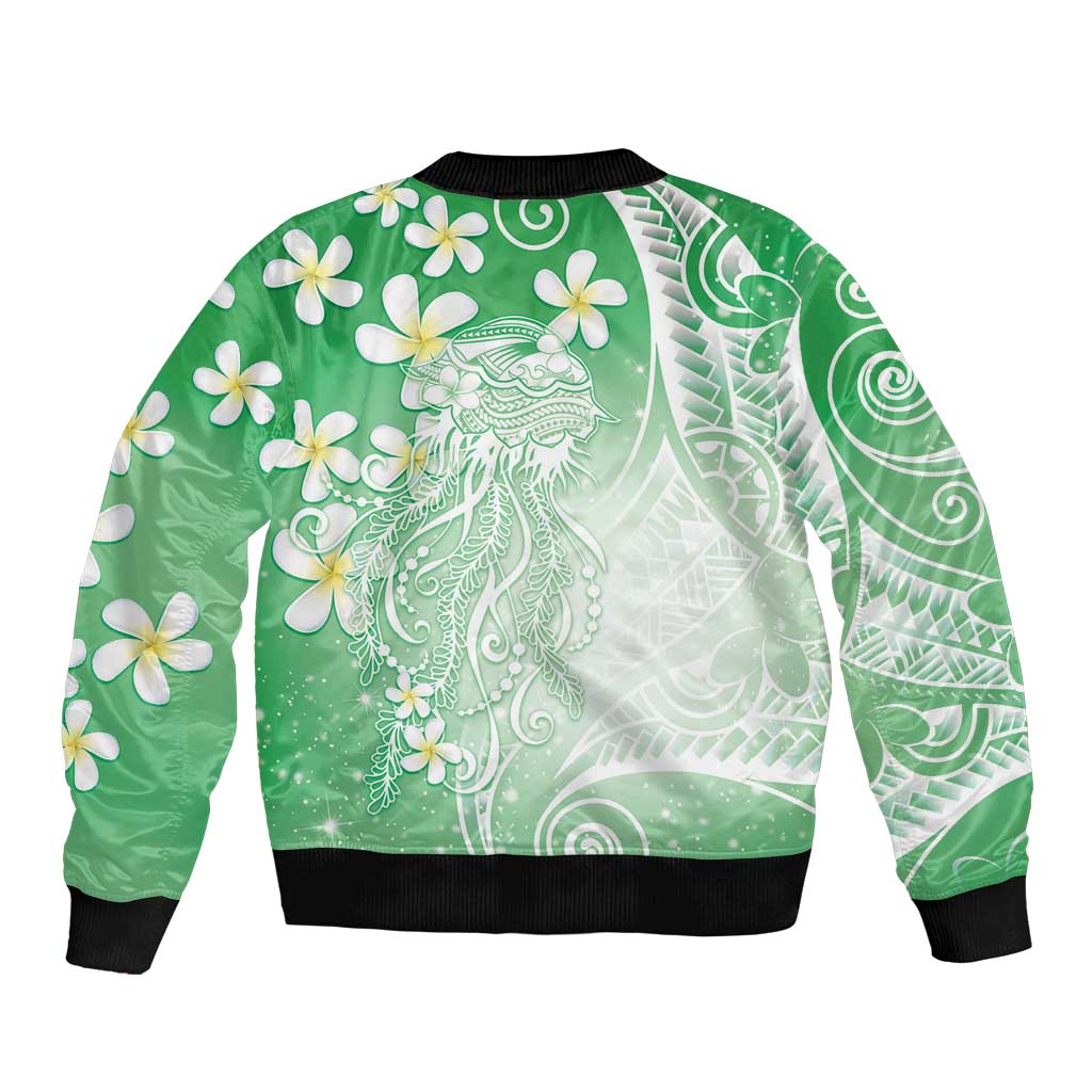 Polynesian Jellyfish Sleeve Zip Bomber Jacket With Plumeria Green
