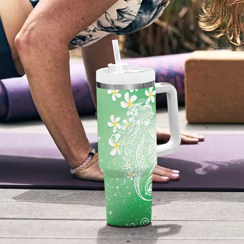Polynesian Jellyfish Tumbler With Handle With Plumeria Green
