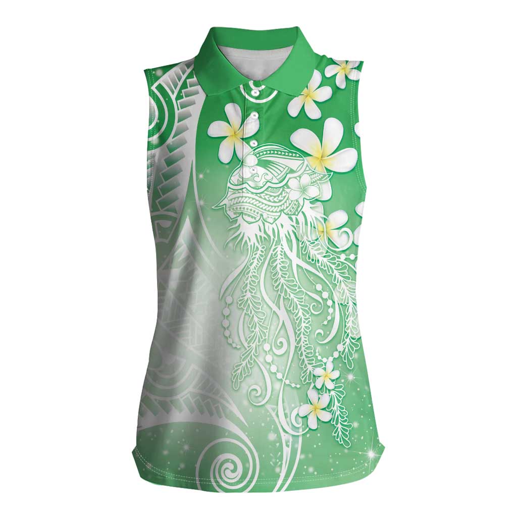 Polynesian Jellyfish Women Sleeveless Polo Shirt With Plumeria Green LT05 Female Green - Polynesian Pride