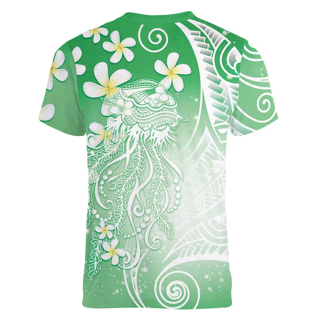 Polynesian Jellyfish Women V-Neck T-Shirt With Plumeria Green