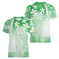 Polynesian Jellyfish Women V-Neck T-Shirt With Plumeria Green