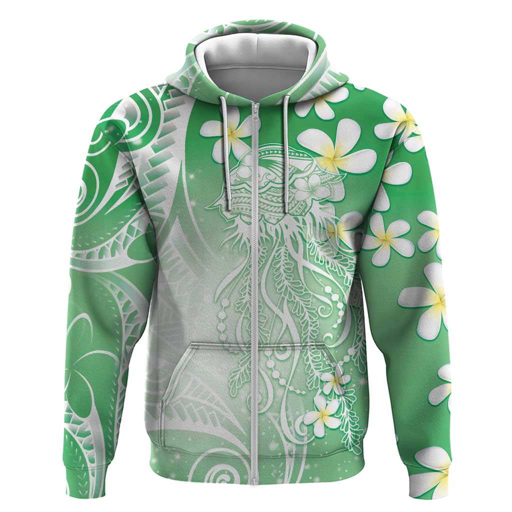Polynesian Jellyfish Zip Hoodie With Plumeria Green
