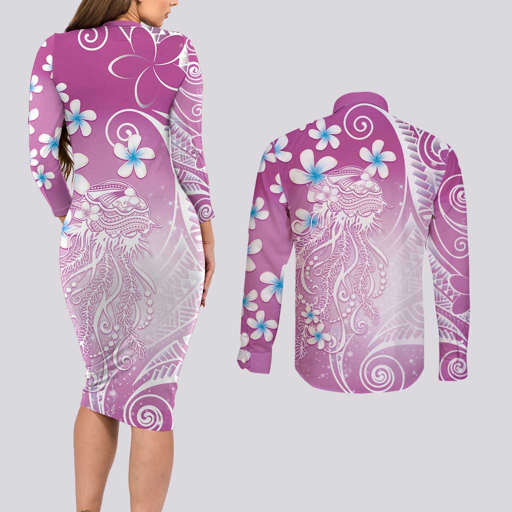 Polynesian Jellyfish Couples Matching Long Sleeve Bodycon Dress and Long Sleeve Button Shirt With Plumeria Pink