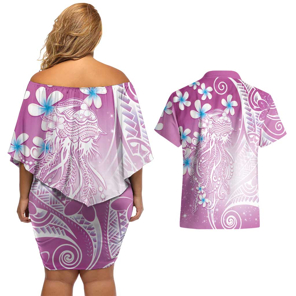 Polynesian Jellyfish Couples Matching Off Shoulder Short Dress and Hawaiian Shirt With Plumeria Pink LT05 - Polynesian Pride