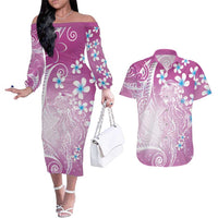 Polynesian Jellyfish Couples Matching Off The Shoulder Long Sleeve Dress and Hawaiian Shirt With Plumeria Pink LT05 Pink - Polynesian Pride