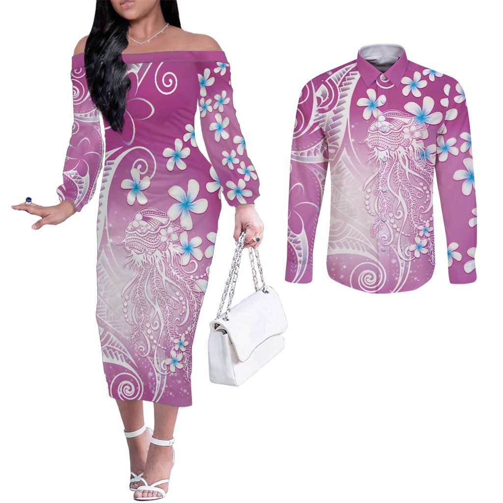 Polynesian Jellyfish Couples Matching Off The Shoulder Long Sleeve Dress and Long Sleeve Button Shirt With Plumeria Pink LT05 Pink - Polynesian Pride