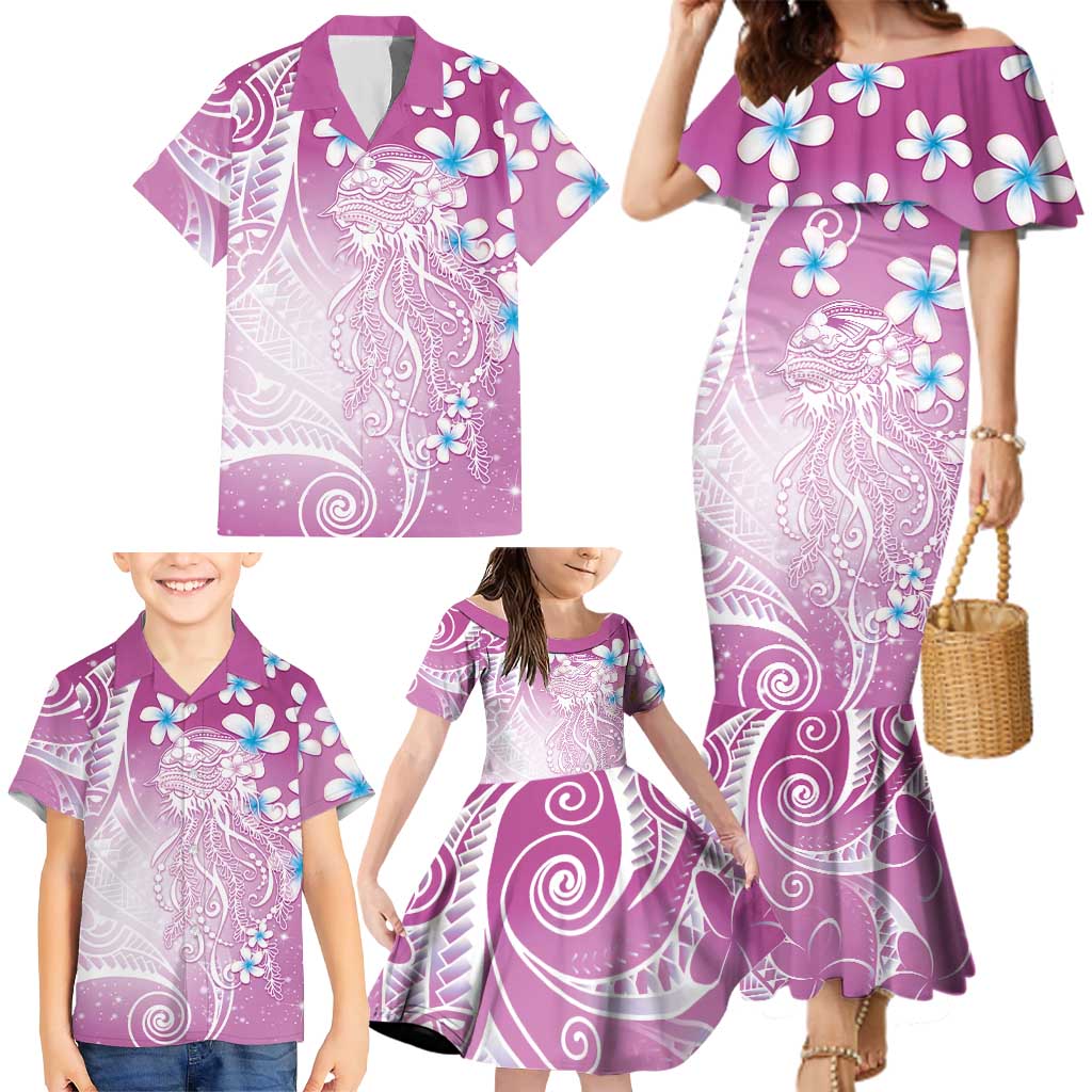 Polynesian Jellyfish Family Matching Mermaid Dress and Hawaiian Shirt With Plumeria Pink