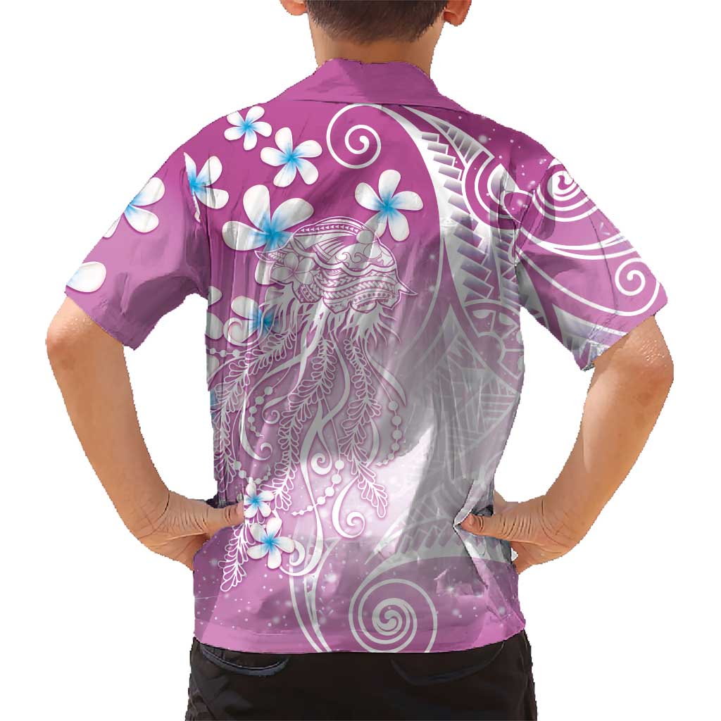 Polynesian Jellyfish Family Matching Off Shoulder Maxi Dress and Hawaiian Shirt With Plumeria Pink