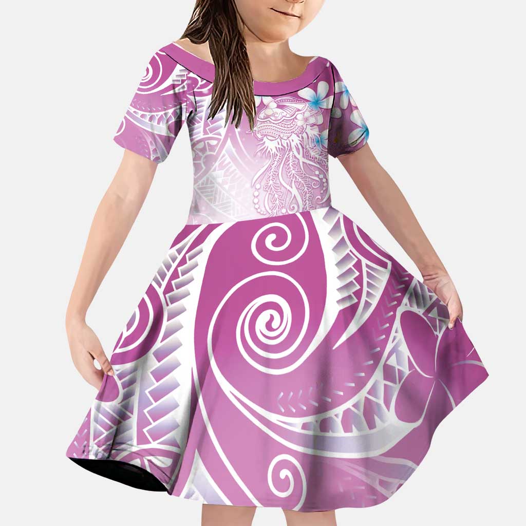 Polynesian Jellyfish Family Matching Off Shoulder Maxi Dress and Hawaiian Shirt With Plumeria Pink
