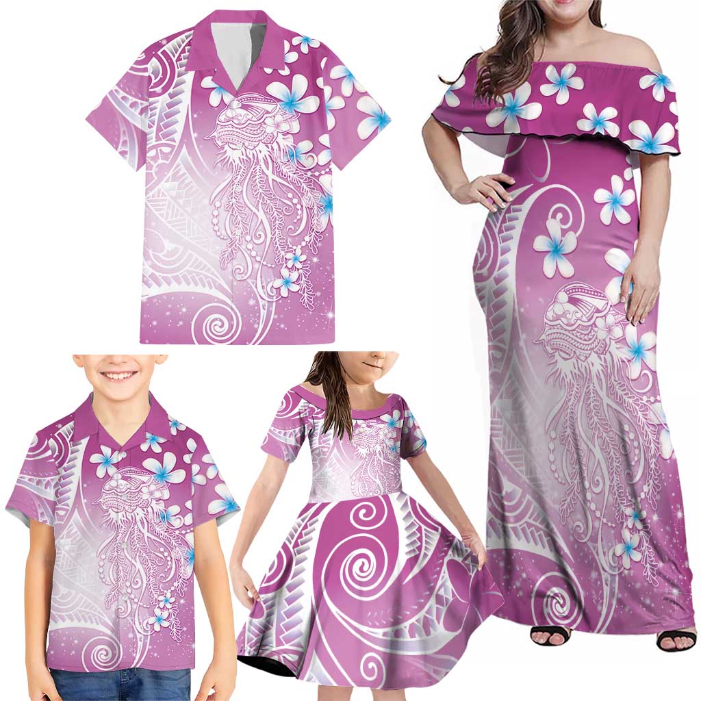Polynesian Jellyfish Family Matching Off Shoulder Maxi Dress and Hawaiian Shirt With Plumeria Pink