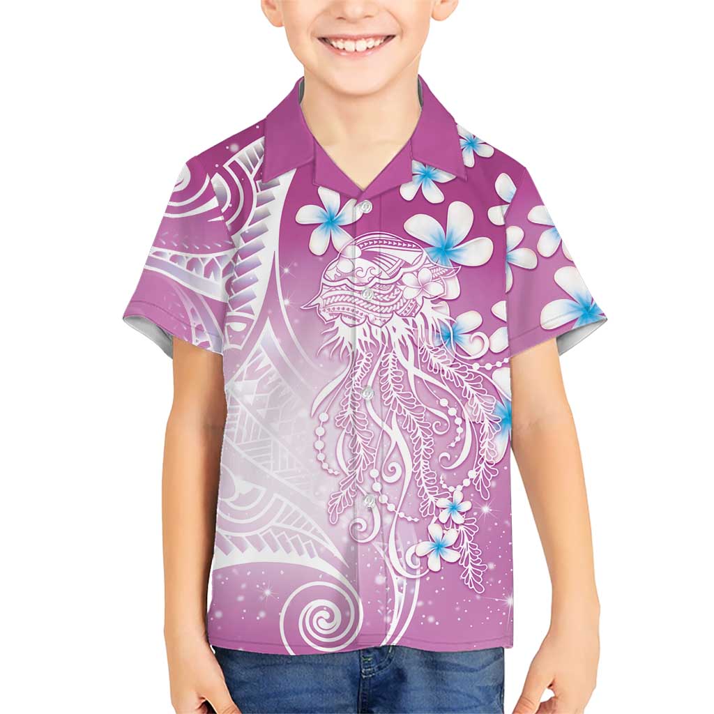 Polynesian Jellyfish Family Matching Off Shoulder Maxi Dress and Hawaiian Shirt With Plumeria Pink