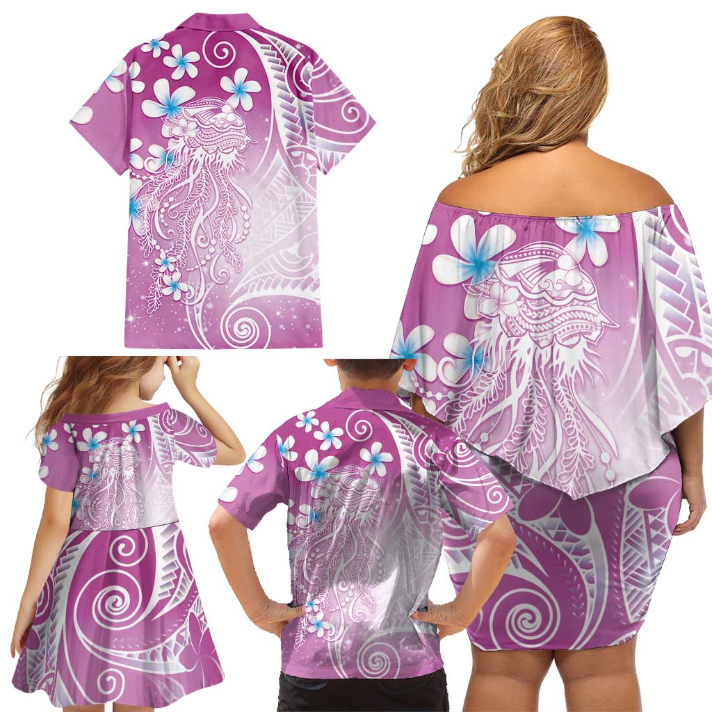 Polynesian Jellyfish Family Matching Off Shoulder Short Dress and Hawaiian Shirt With Plumeria Pink
