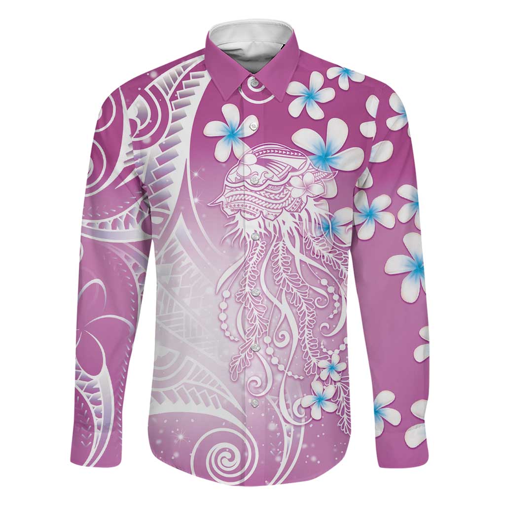 Polynesian Jellyfish Family Matching Off Shoulder Short Dress and Hawaiian Shirt With Plumeria Pink