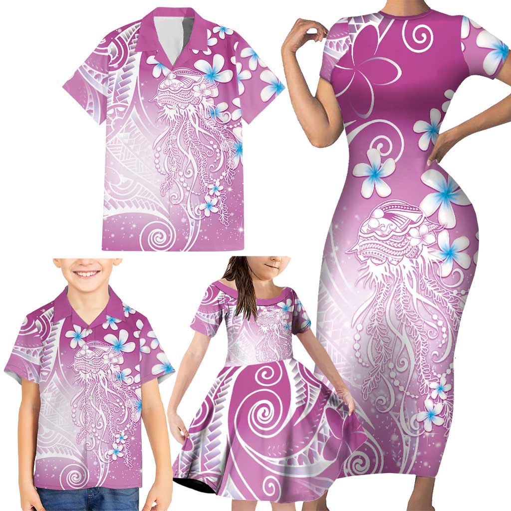 Polynesian Jellyfish Family Matching Short Sleeve Bodycon Dress and Hawaiian Shirt With Plumeria Pink LT05 - Polynesian Pride