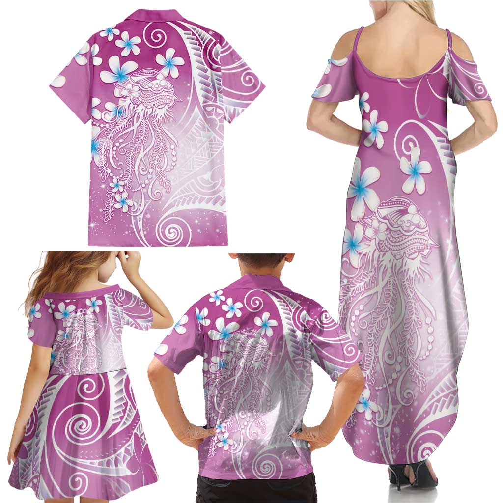 Polynesian Jellyfish Family Matching Summer Maxi Dress and Hawaiian Shirt With Plumeria Pink