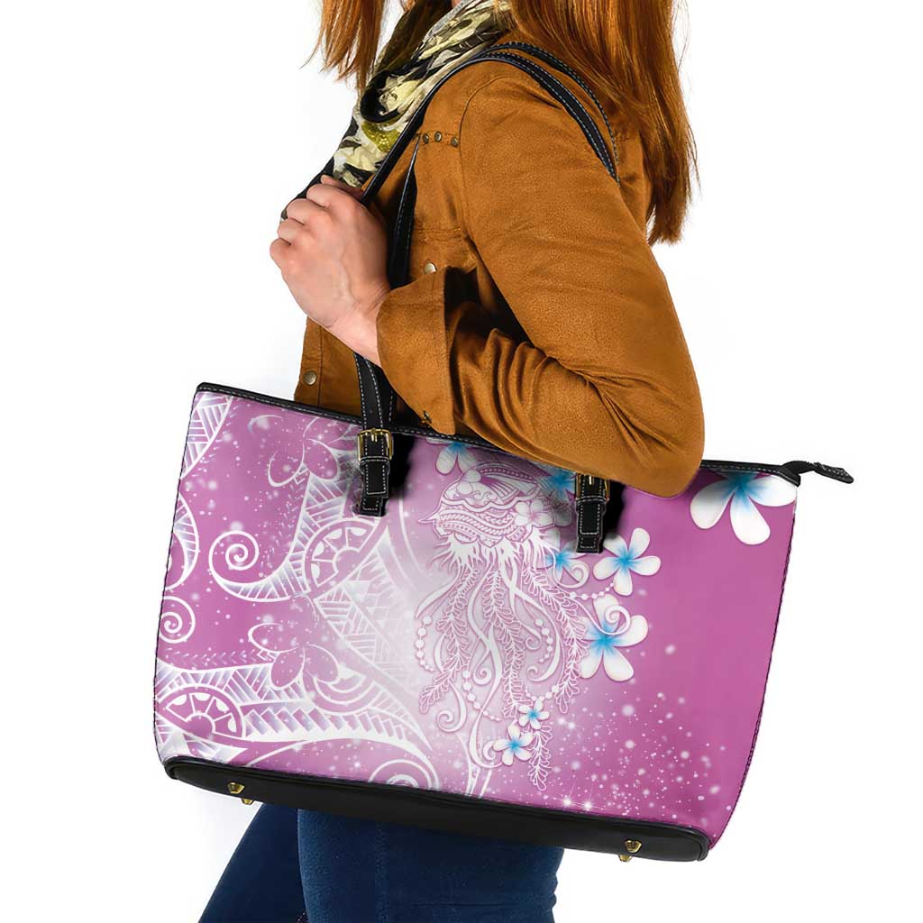 Polynesian Jellyfish Leather Tote Bag With Plumeria Pink