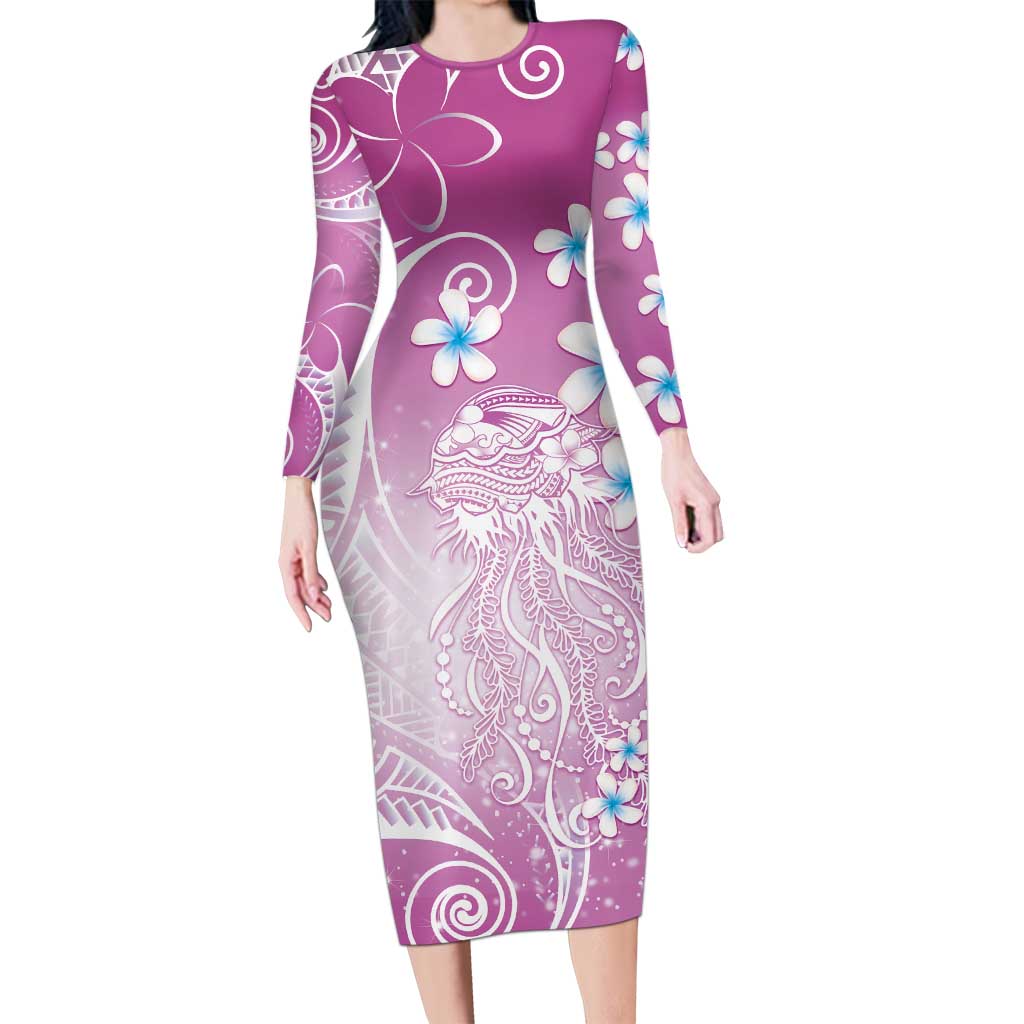 Polynesian Jellyfish Long Sleeve Bodycon Dress With Plumeria Pink LT05 Long Dress Pink - Polynesian Pride