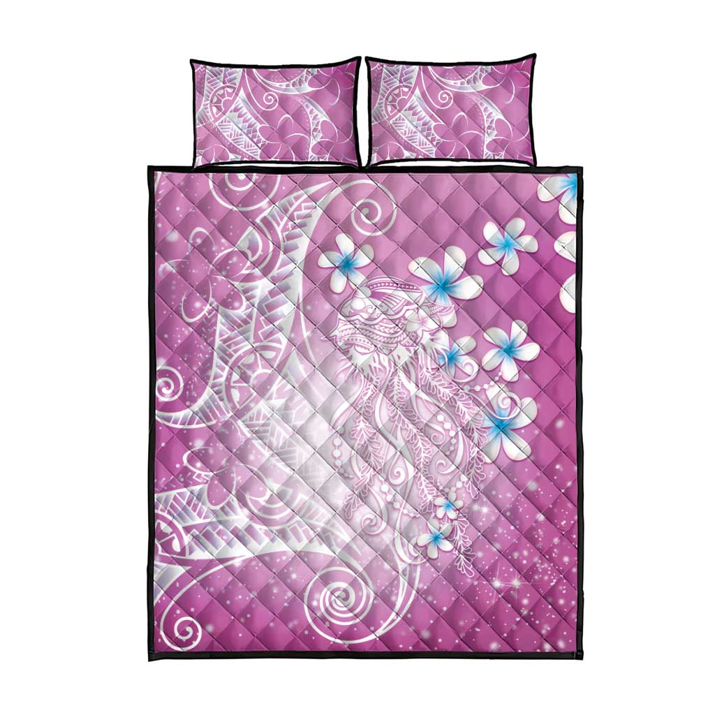 Polynesian Jellyfish Quilt Bed Set With Plumeria Pink
