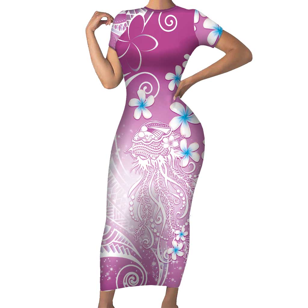 Polynesian Jellyfish Short Sleeve Bodycon Dress With Plumeria Pink LT05 Long Dress Pink - Polynesian Pride