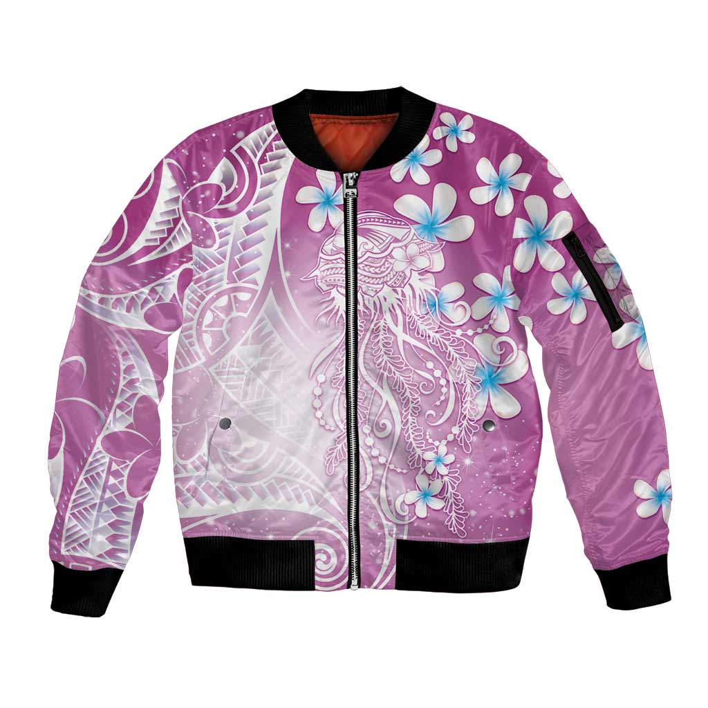 Polynesian Jellyfish Sleeve Zip Bomber Jacket With Plumeria Pink