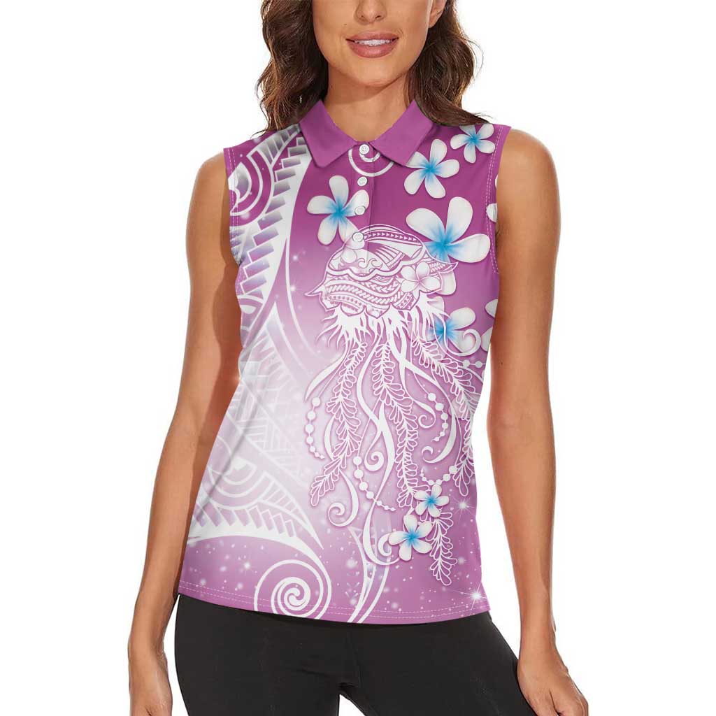 Polynesian Jellyfish Women Sleeveless Polo Shirt With Plumeria Pink LT05 - Polynesian Pride