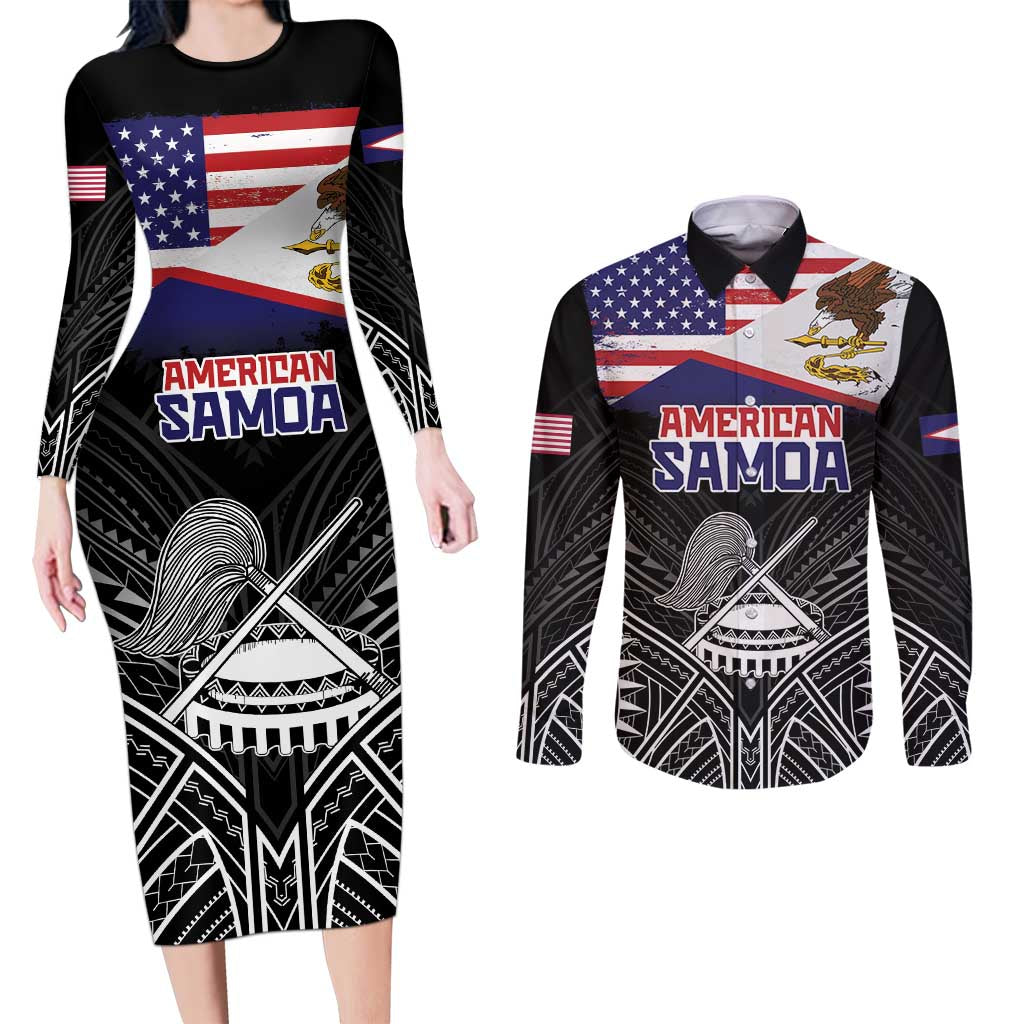 American Samoa Flag Day Couples Matching Long Sleeve Bodycon Dress and Long Sleeve Button Shirt Bald Eagle With Polynesian Pattern
