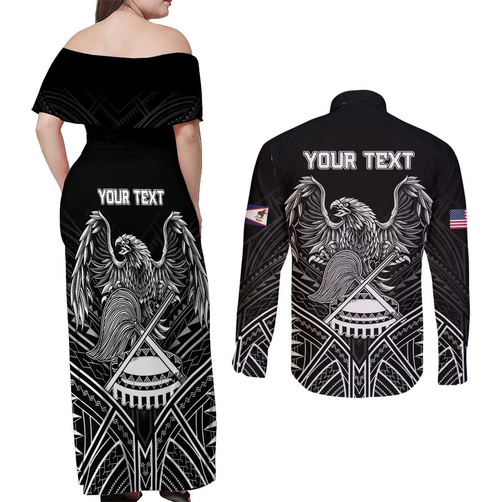 American Samoa Flag Day Couples Matching Off Shoulder Maxi Dress and Long Sleeve Button Shirt Bald Eagle With Polynesian Pattern